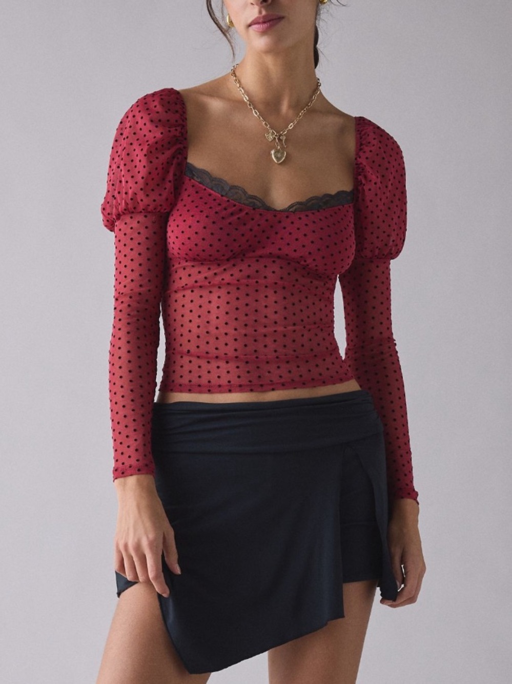🟤NWT KIMCHI BLUE “In The Dark” Sheer Mesh Long Sleeve Top in Polka Dot Red/Black